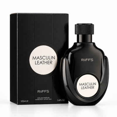Perfume RiiFFS Masculin Leather em frasco preto e embalagem
