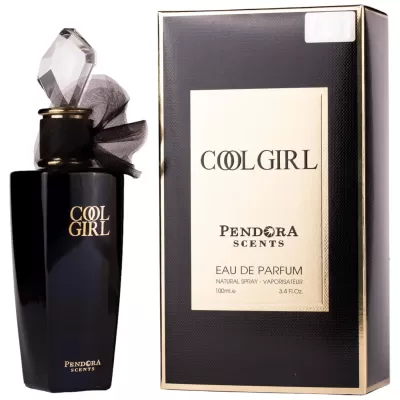 Perfume Cool Girl da Pendora Scents em frasco preto com caixa ao lado