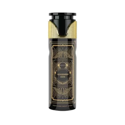 Spray corporal perfumado preto com detalhes dourados e texto GOODNESS OUD