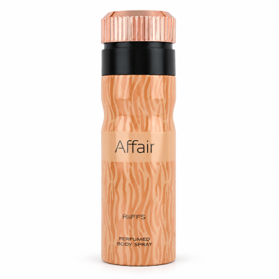 Frasco de spray corporal perfumado com design riscas laranja e tampa cobre