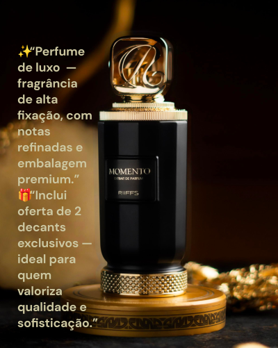 Frasco de perfume preto e dourado MOMENTO sobre pedestal dourado