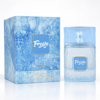 Frasco e caixa azul do perfume Freeze RiiFFS com textura