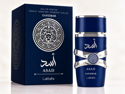 Perfume ASAD Zanzibar Lattafa azul com detalhes prateados e caixa correspondente