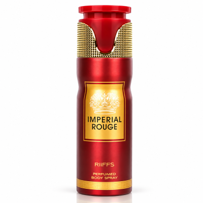 Spray corporal perfumado com embalagem vermelha e dourada e etiqueta IMPERIAL ROUGE.