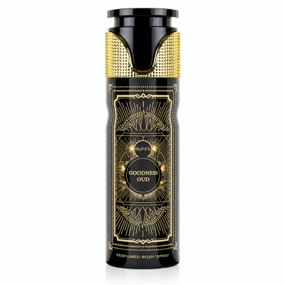 Frasco preto e dourado de spray corporal perfumado GOODNESS OUD.