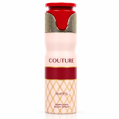 Frasco de spray corporal perfumado com tampa vermelha e corpo rosa decorado com padrão dourado