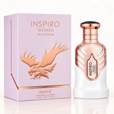 Frasco de perfume branco e cobre junto a caixa lilás com texto e imagem de águia em relevo.