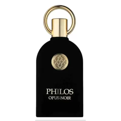 Frasco de perfume preto com tampa dourada e texto branco PHILOS OPUS NOIR