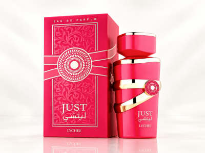 Frasco e embalagem vermelha de perfume Just Lychee com detalhes dourados