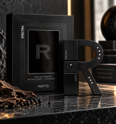 Perfume SPECTRA RiiFFS em caixa preta texturada e frasco em forma de R, sobre superfície de mármore com detalhes naturais.
