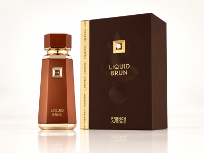 Frasco e caixa de perfume castanho com detalhes dourados e texto LIQUID BRUN