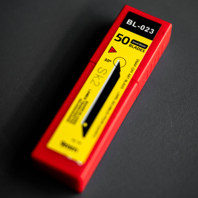 Caixa vermelha de lâminas para estilete com rótulo amarelo