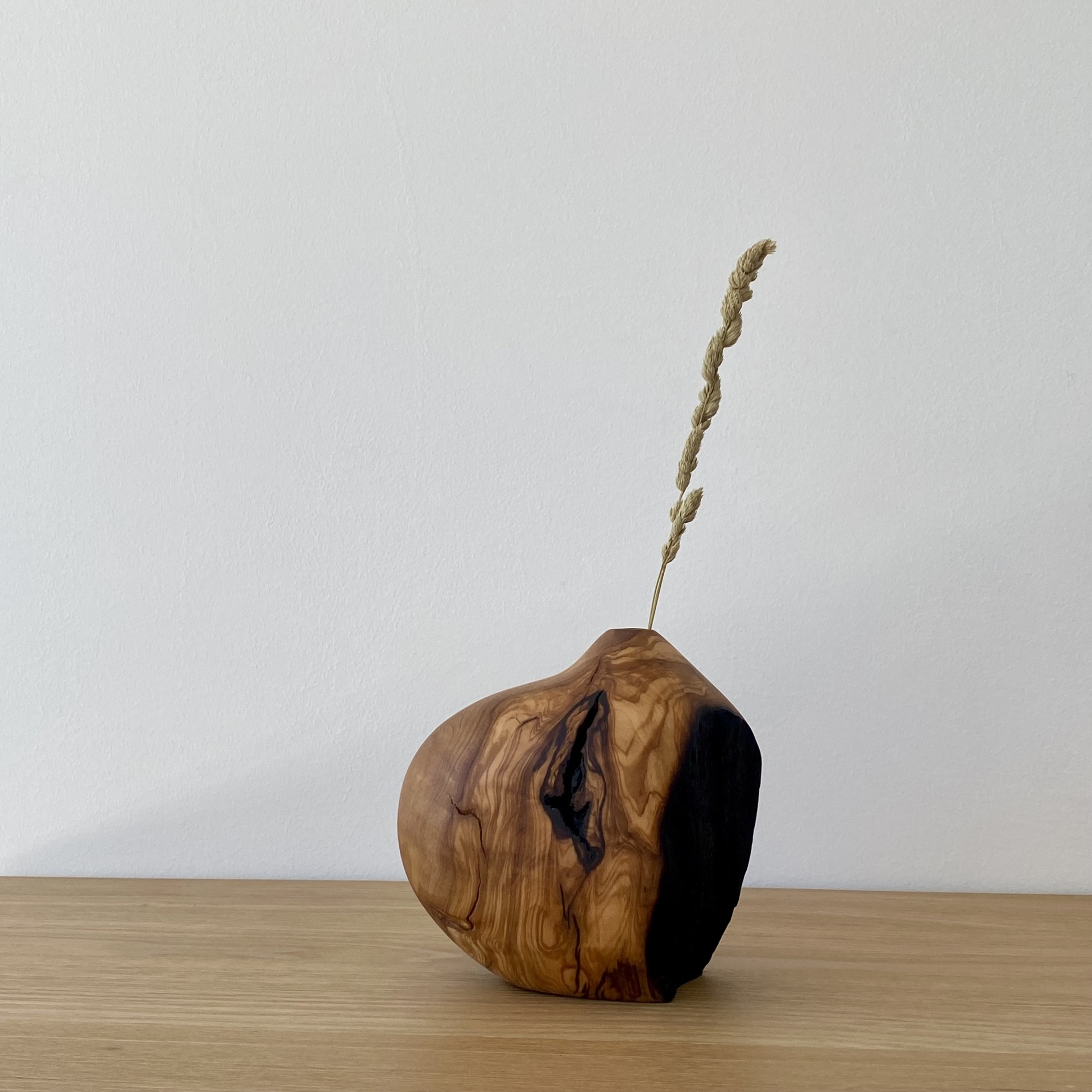 JARRA EM MADEIRA DE OLIVEIRA Vaso de madeira pequeno com ramo seco em fundo branco