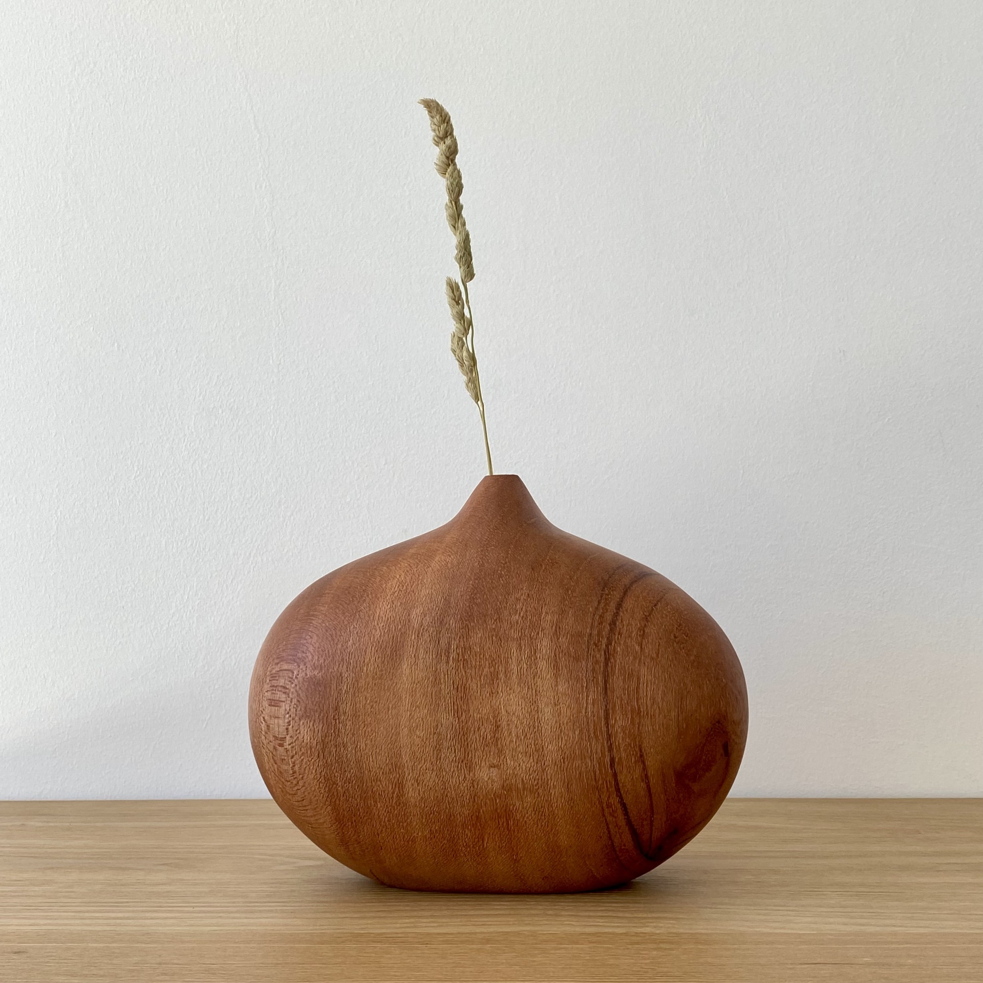 JARRA EM MADEIRA DE MOGNO Vaso decorativo de madeira arredondado com haste seca