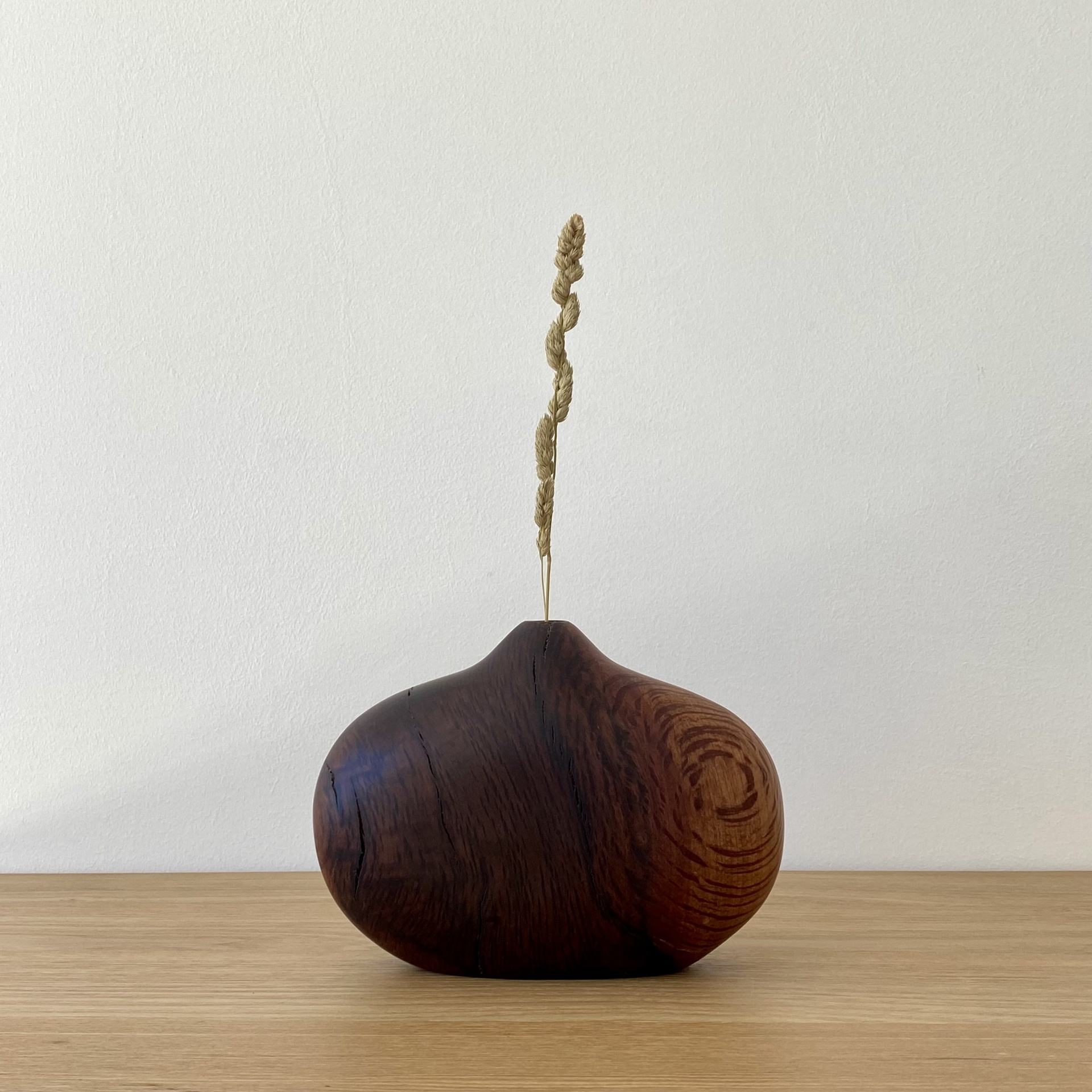 JARRA EM MADEIRA DE AZINHO Vaso decorativo oval em madeira escura com ramo seco