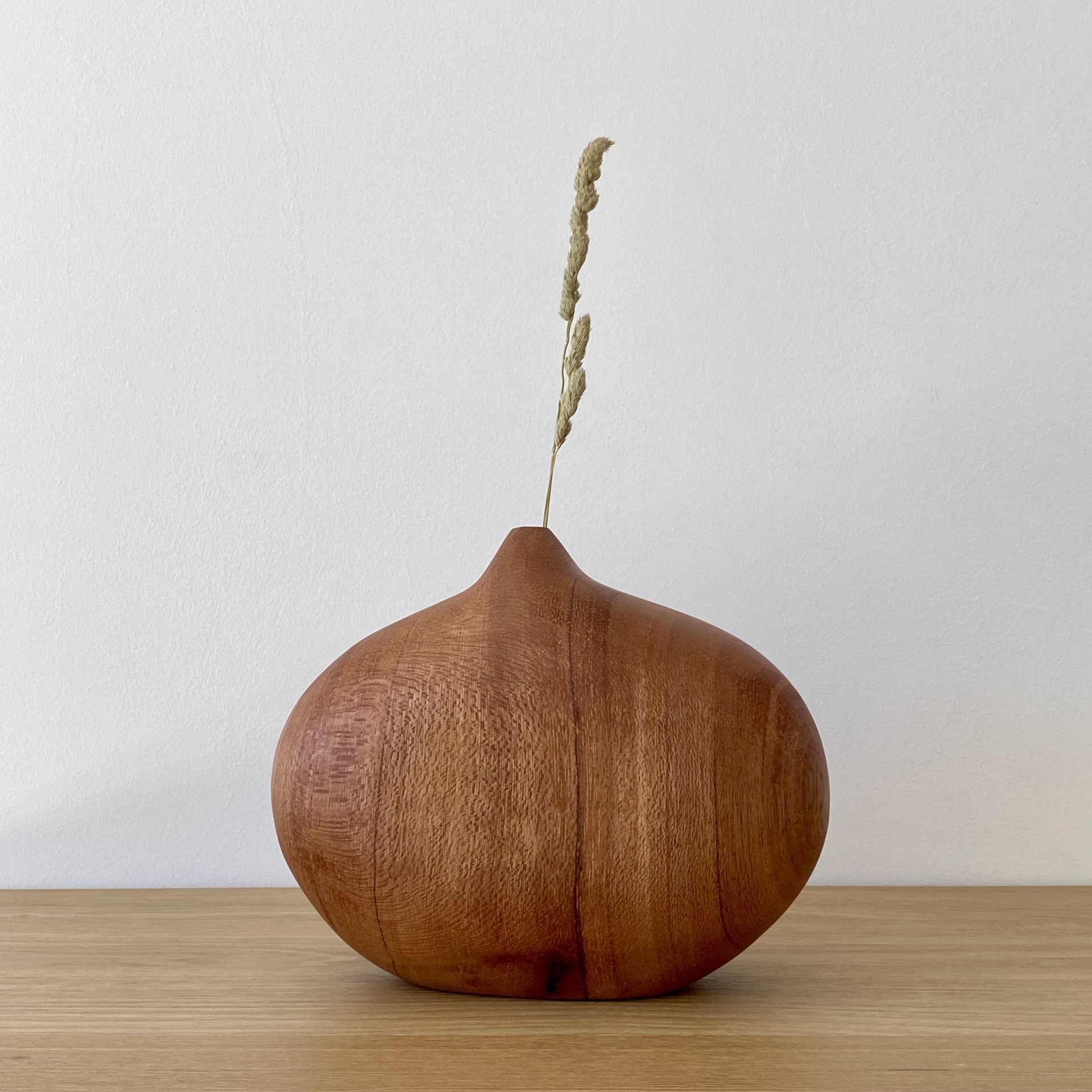 JARRA EM MADEIRA DE MOGNO Vaso de madeira castanha arredondado com um ramo seco inserido sobre superfície de madeira clara