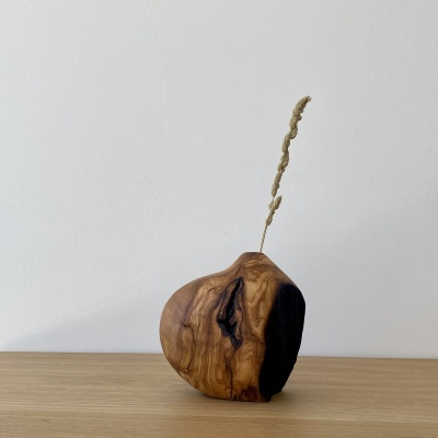 Vaso de madeira pequeno com ramo seco em fundo branco