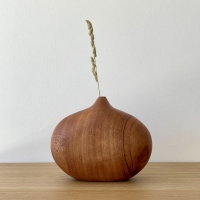 Vaso decorativo de madeira arredondado com haste seca