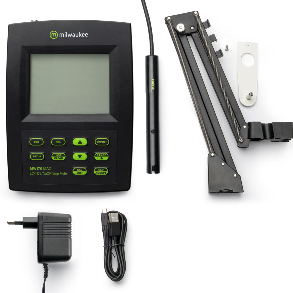 Milwaukee Medidor de mesa (MW170) EC/TDS/Nacl/Temperatura Conjunto de medidor milwaukee MW170 MAX com acessórios em fundo branco