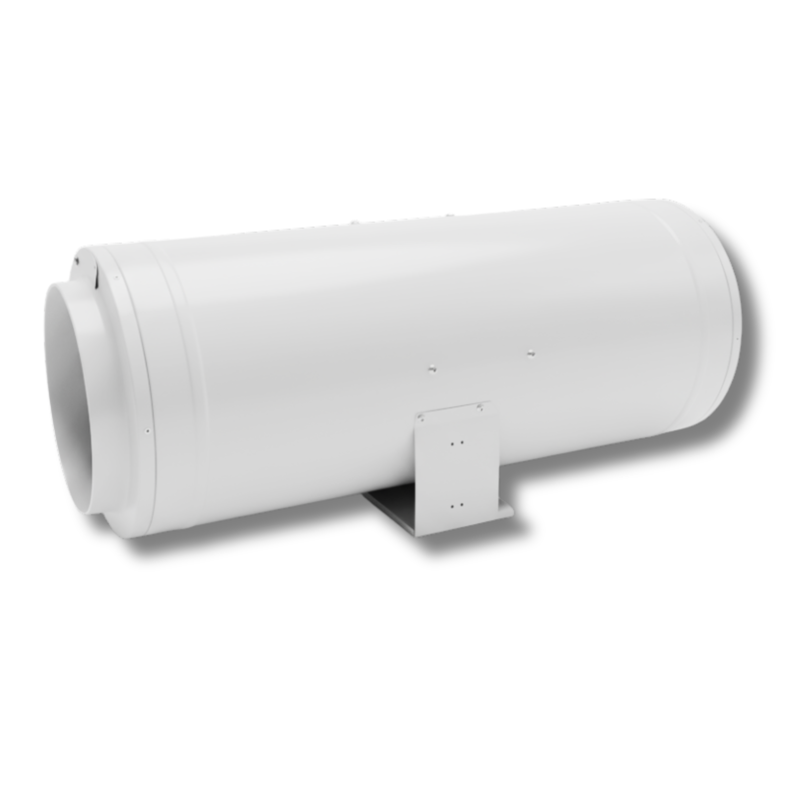 Extractor Clivex AC Silence Inline Fan Duto cilíndrico branco de metal com suporte em fundo branco