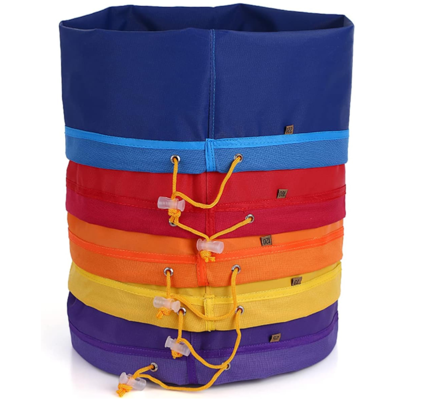 Qnubu - kit de 5 sacos de 5 gal (18.9 L) - 25 µm - 73 µm - 120 µm - 160 µm - 220 µm Cinco sacos organizadores coloridos empilhados com cordões ajustáveis amarelos