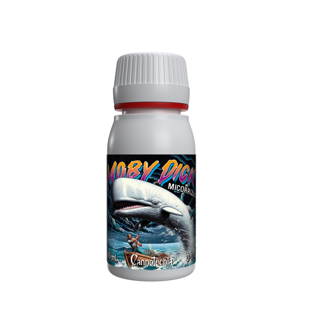 Moby Dick Frasco branco com rótulo colorido de baleia e texto Moby Dick