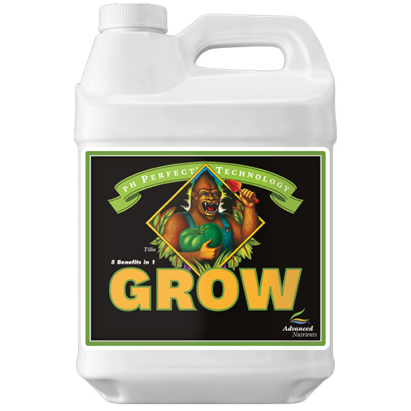 pH Perfect Grow - 10 lt. Advanced Nutrients Frasco plástico branco com etiqueta preta e imagem de gorila com fruta