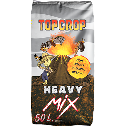 Top Crop Heavy Mix 50L Saco TOP CROP HEAVY MIX 50 L com guano e farinha de lava e ilustração de vulcão, espantalho e morcegos.