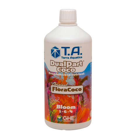 DualPart Coco Bloom 1L Frasco branco com etiqueta colorida do fertilizante T.A. Terra Aquatica Dual Part coco FloraCoco Bloom