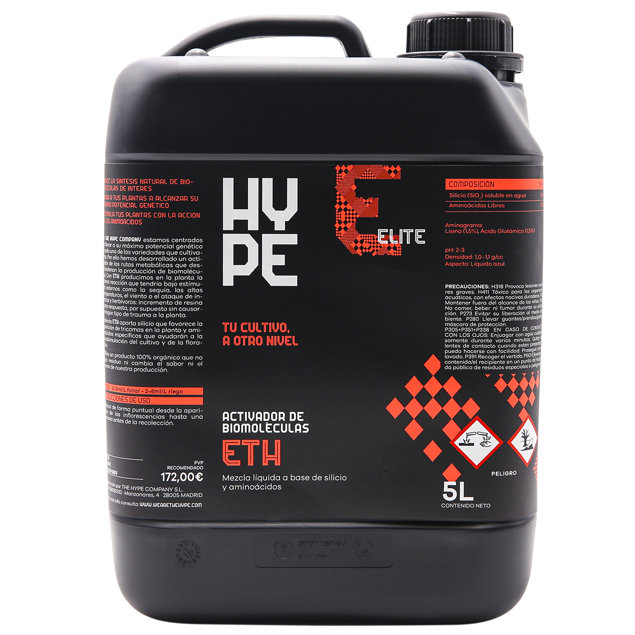 Eth (Activador THC) Recipiente plástico preto de 5 litros com rótulo preto com texto branco e vermelho