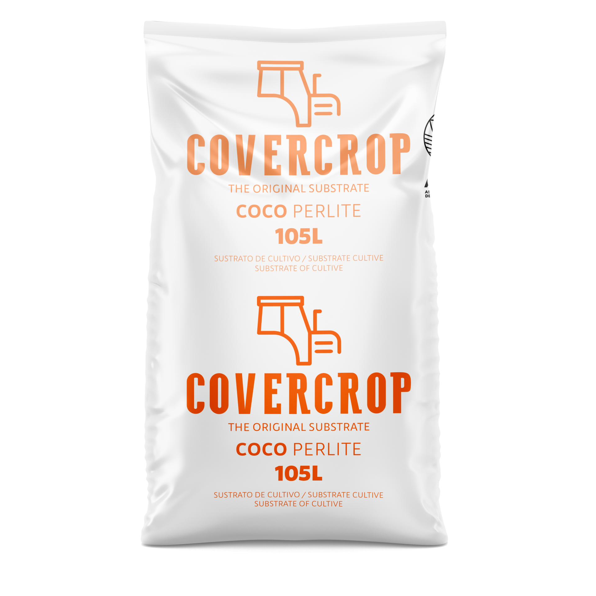 Covercrop Fibra de Coco com Perlita 105L Saco branco com texto e logotipo laranja, produto COVER CROP substrato cultivo 105L