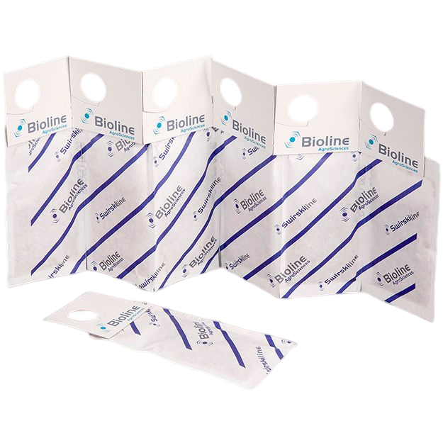 Starskii - Amblyseius Swirskii 250 Sacos Gancho 62.500 (Mosca Branca) Sacos plásticos brancos com logos Bioline AgroSciences e SuurShine em padrão azul.