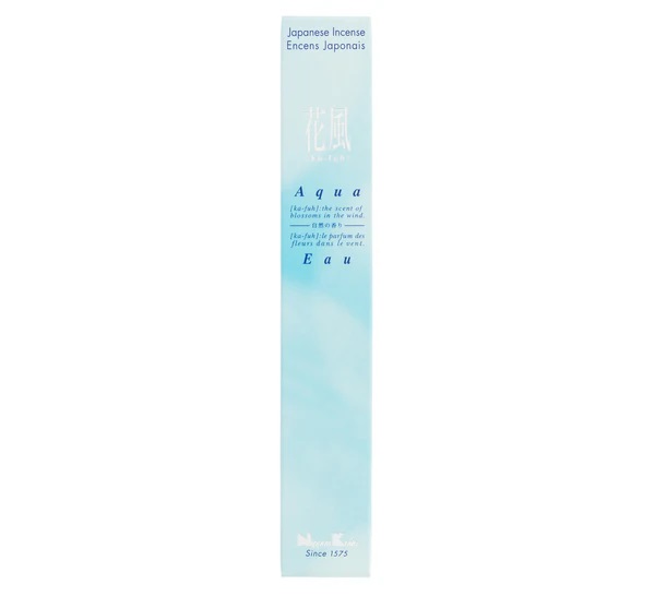 Incenso Ka-fuh Aqua 50 Sticks & Holder embalagem azul clara de incenso japonês Aqua com texto multilíngue