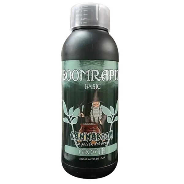 Boomrapid Basic 1150 ml Cannaboom Frasco de líquido com rótulo de feiticeiro e texto BOOMRAPID BASIC CANNABOOM GROWTH