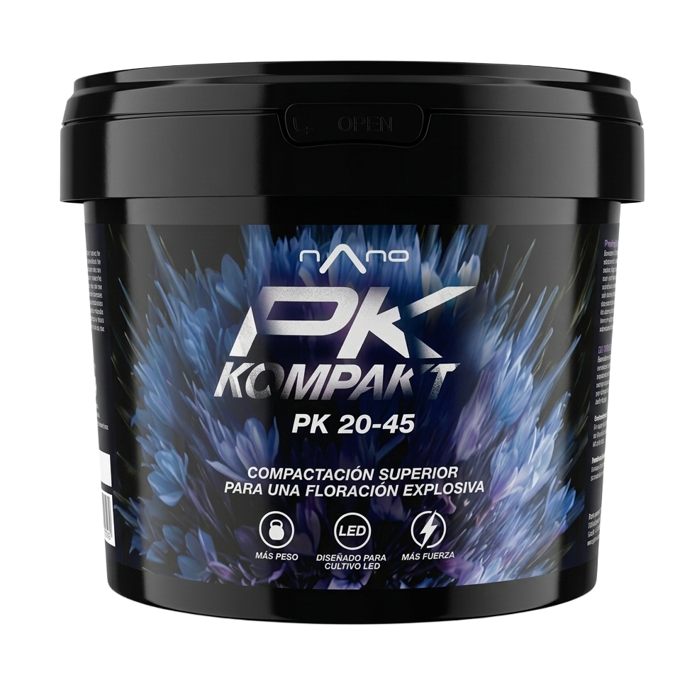 Nano PK Kompakt Embalagem plástica preta com rótulo de flor azul e texto em espanhol