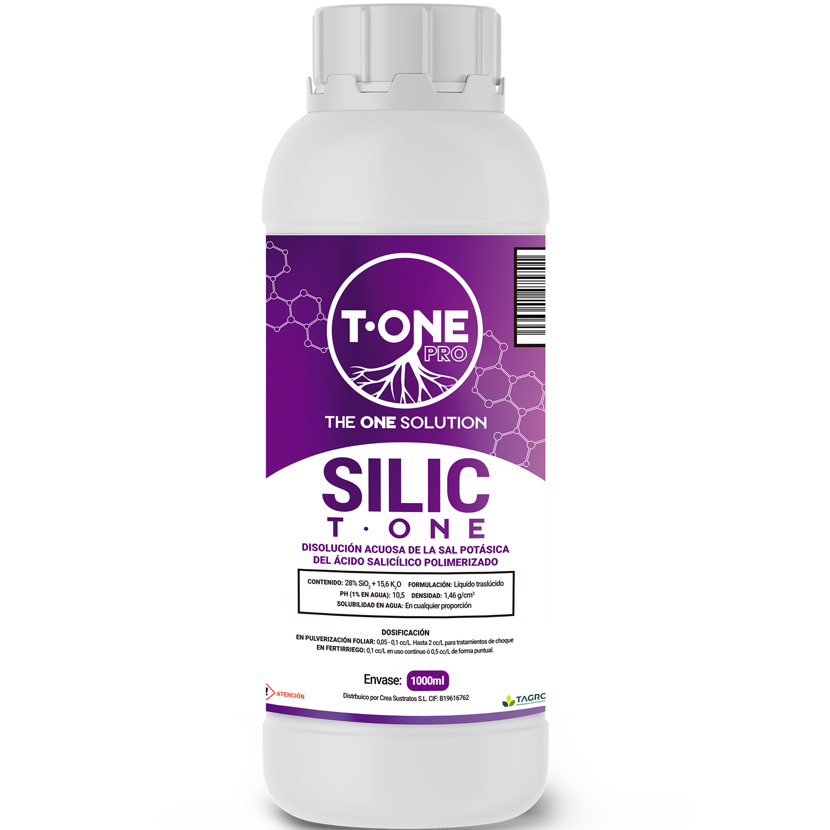T-One Pro Silic 1L Frasco branco com rótulo roxo e branco de produto T-ONE PRO SILIC TONE