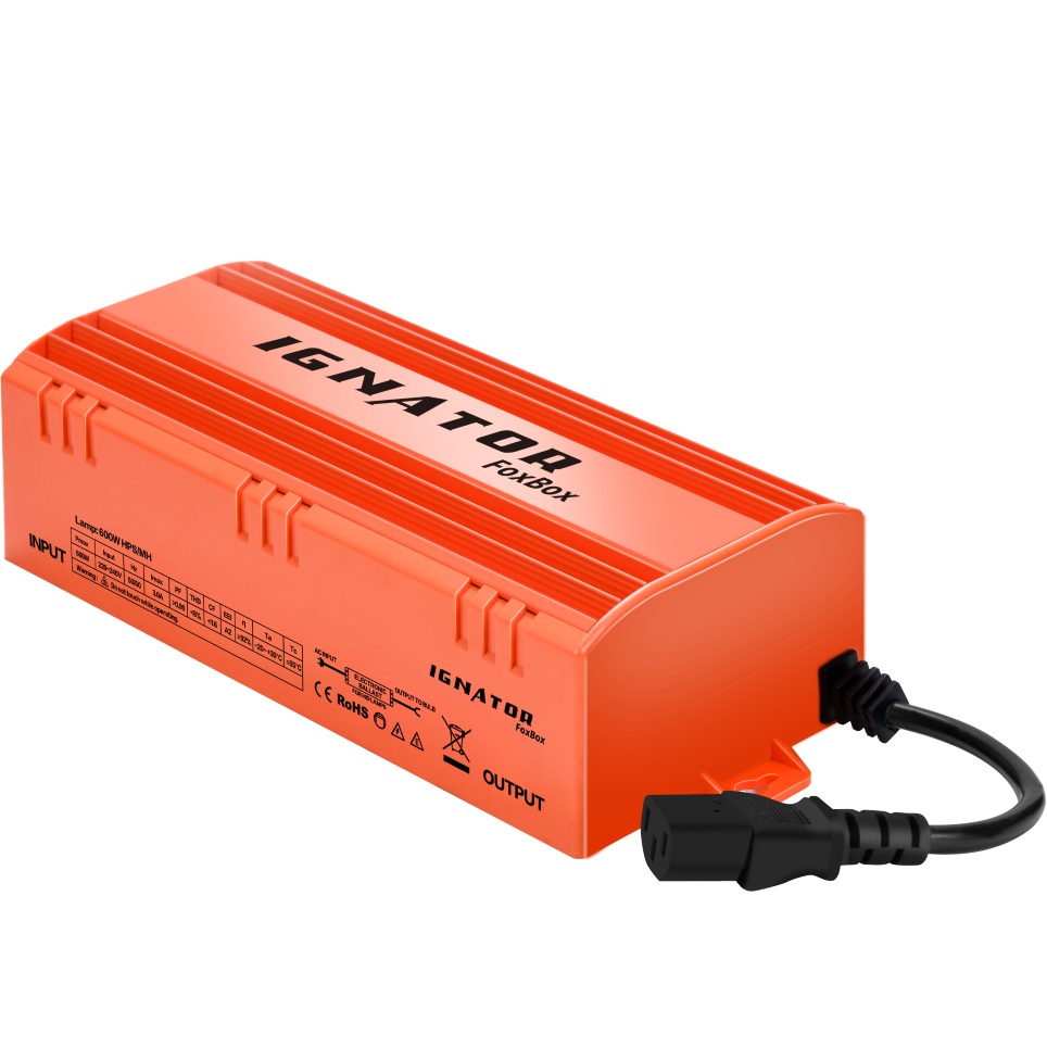 Balastro Electrónico Ignator FoxBox 600W (sem Dimmer) Transformador eletrónico laranja para lâmpadas com ficha eléctrica preta