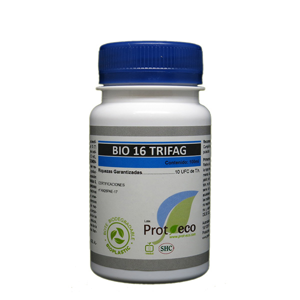 Bio 16 Trifag 100 ml. Prot Eco Frasco branco de plástico com tampa azul e rótulo com texto BIO 16 TRIFAG