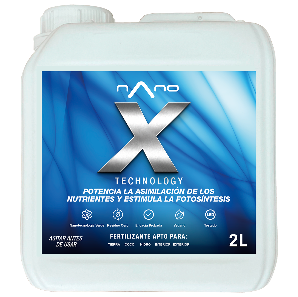 Nano X Complemento para Hidroponía e (SW)Aguas Moles Recipiente branco de plástico com rótulo azul e grande X metálico.