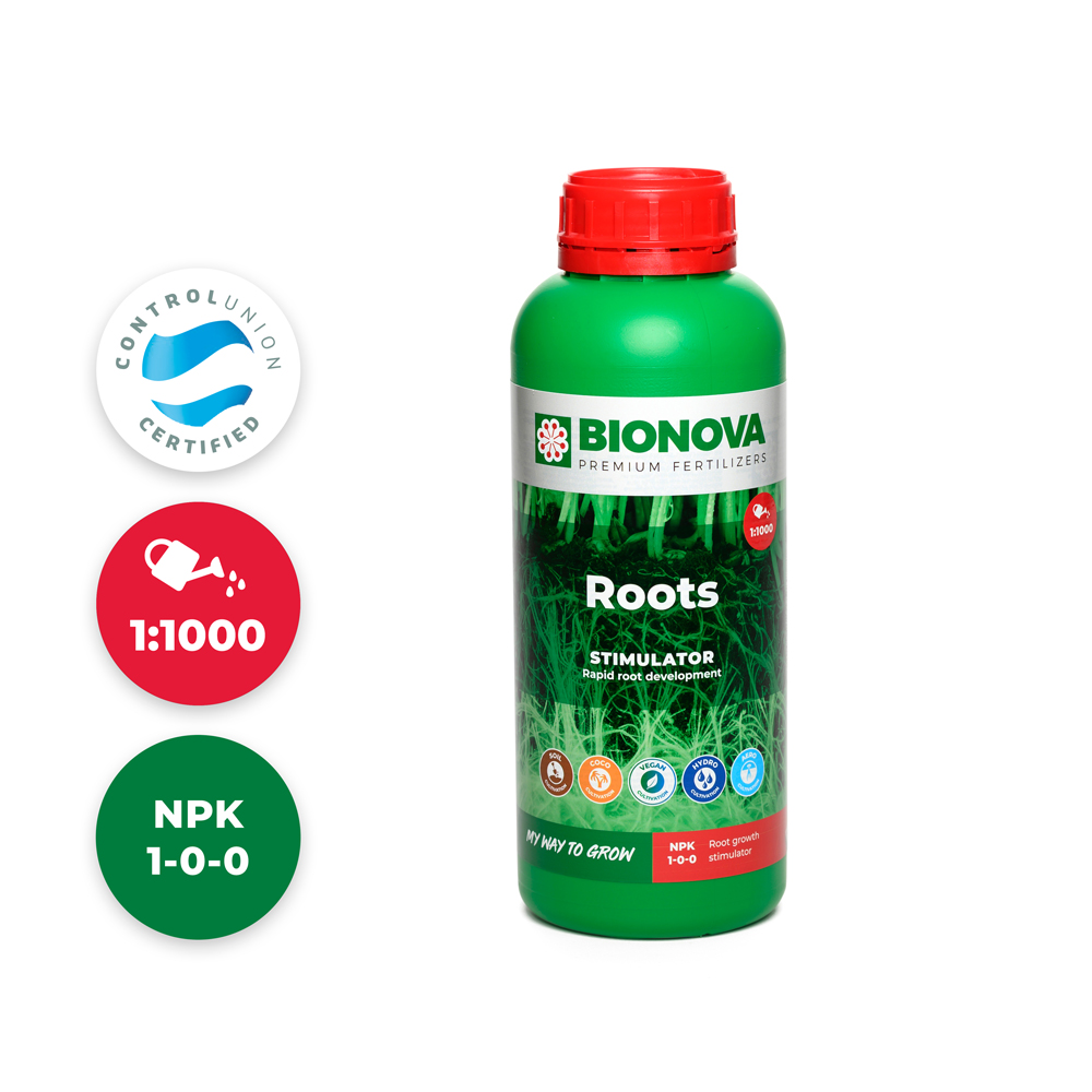 BIO NOVA ? BIO ROOTS 1L Frasco verde do produto Bionova Roots Stimulador com tampa vermelha e informação sobre dosagem e composição ao lado