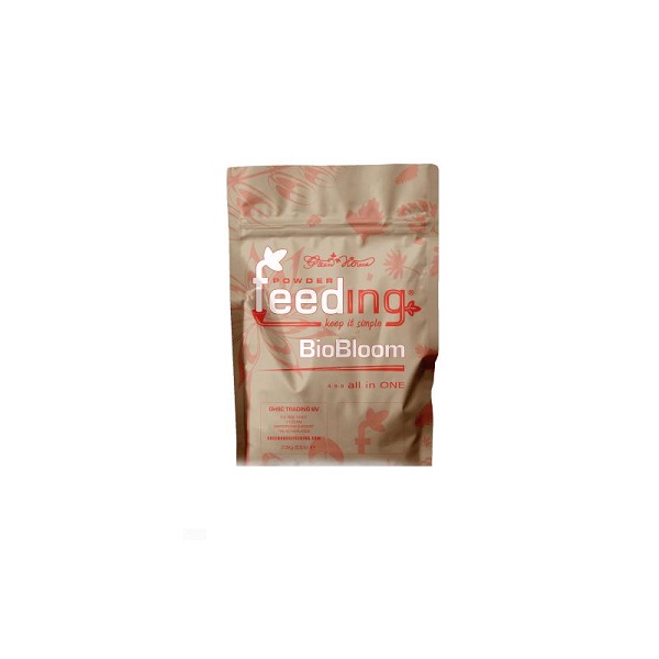 Green House Powder Feeding Bio Bloom 500g Embalagem de saco castanho claro com texto 'feeding BioBloom' e padrões florais.