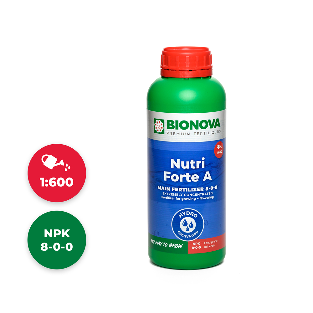 BIONOVA ? NUTRIFORTE A + B HYDRO 1L Frasco de fertilizante líquido BIONOVA Nutri Forte A com rótulo azul e tampa vermelha