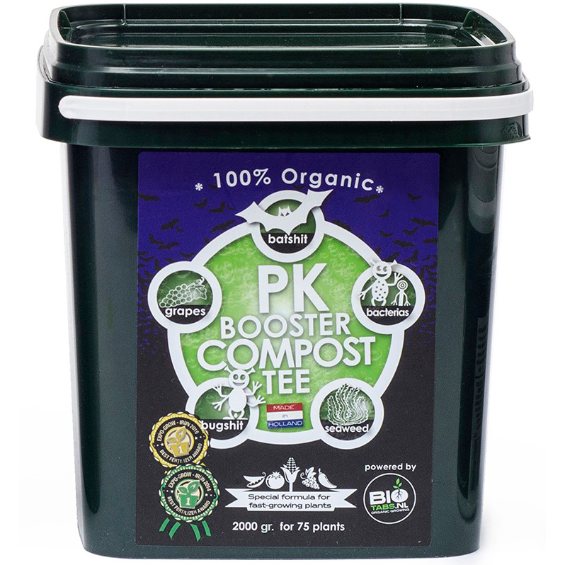 BioTabs PK Booster Compost Tea Recipiente preto com etiqueta colorida 100% Organic PK Booster Compost Tee
