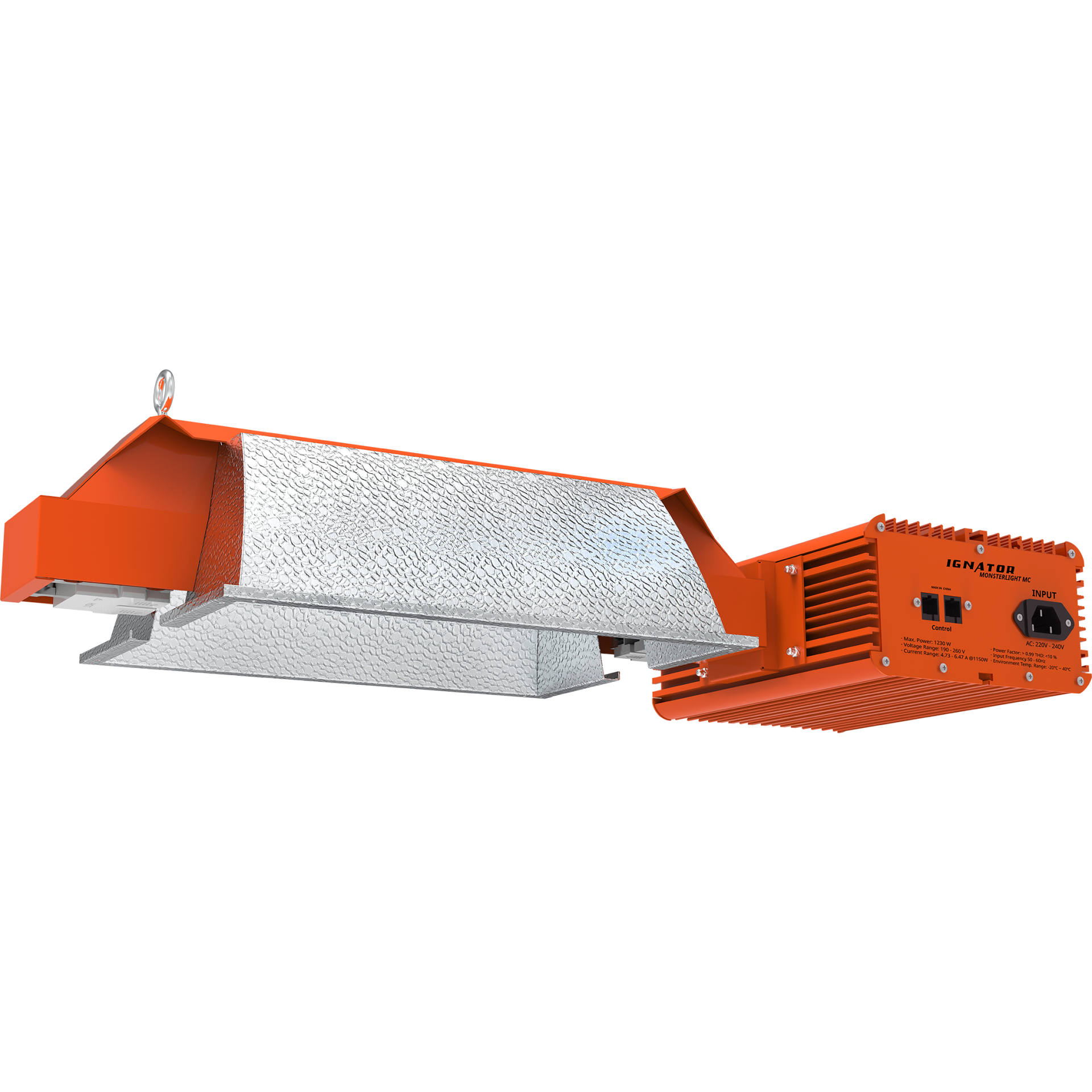 Luminaria Ignator Monsterlight MC2 HPS 1000W Luz de cultivo de interior laranja com painel refletor prateado texturizado e caixa eletrónica com texto IGNATOR MONSTERLIGHT MC