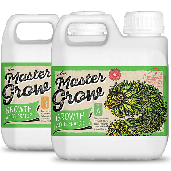 Xpert Nutrients Master Grow A+B Frascos Master Grow Growth Accelerator Part A e Part B com design de dragão de folhas verdes