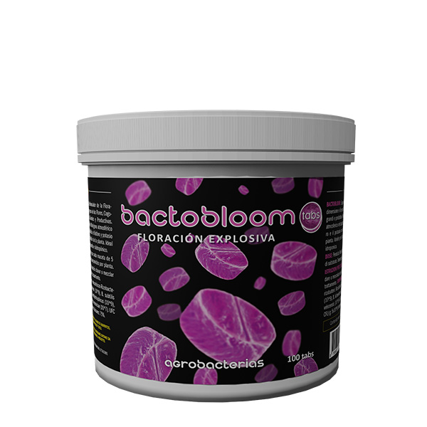 Bactobloom - Tabs 100 ud. Agrobacterias Embalagem de plástico branco com tampa contendo bactobloom tabs com design preto e pílulas roxas.