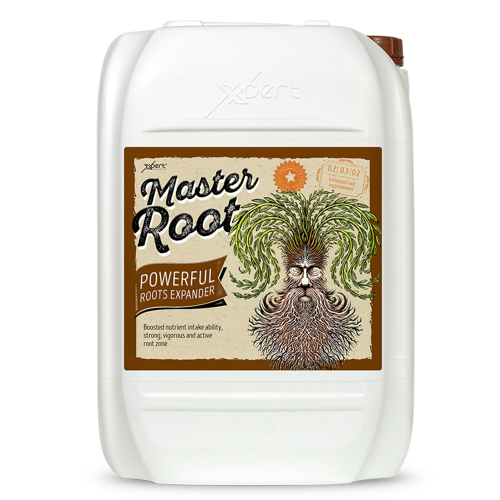Xpert Nutrients Master Root - 20L Recipiente plástico branco com etiqueta de produto Master Root e ilustração
