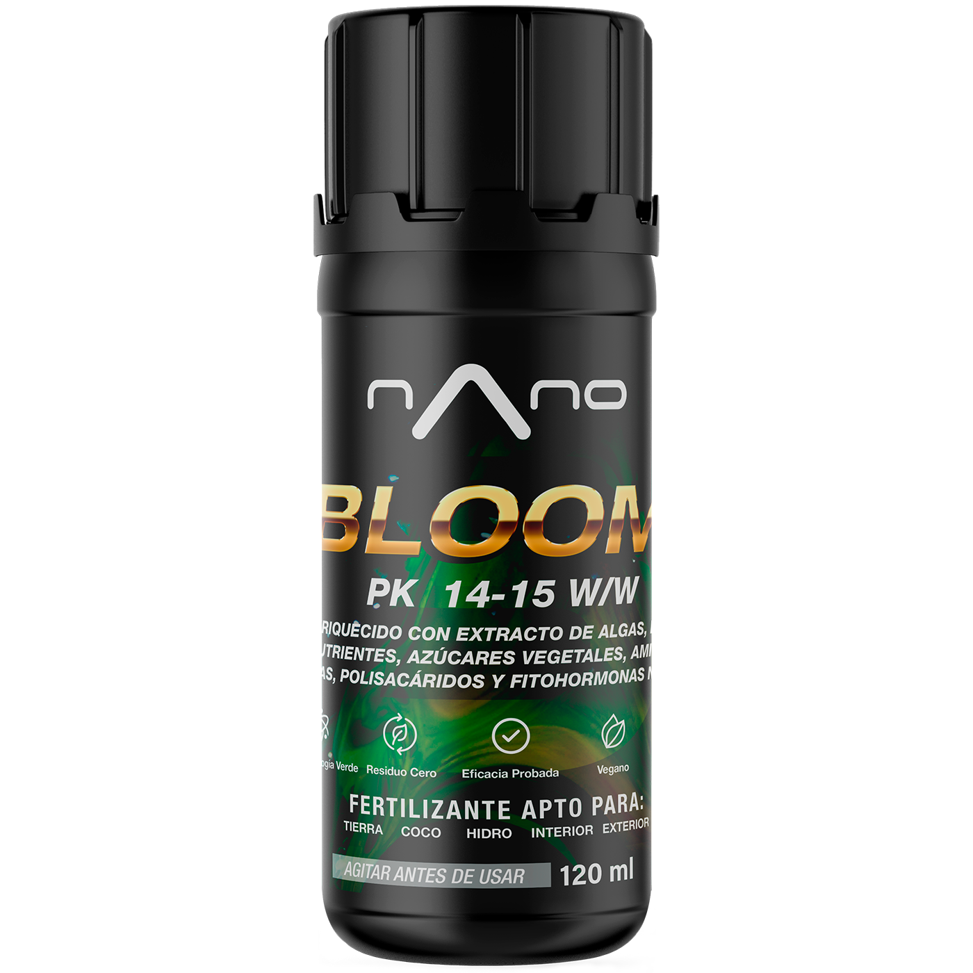 Nano Bloom Frasco preto de fertilizante nano bloom com texto em branco, dourado e verde
