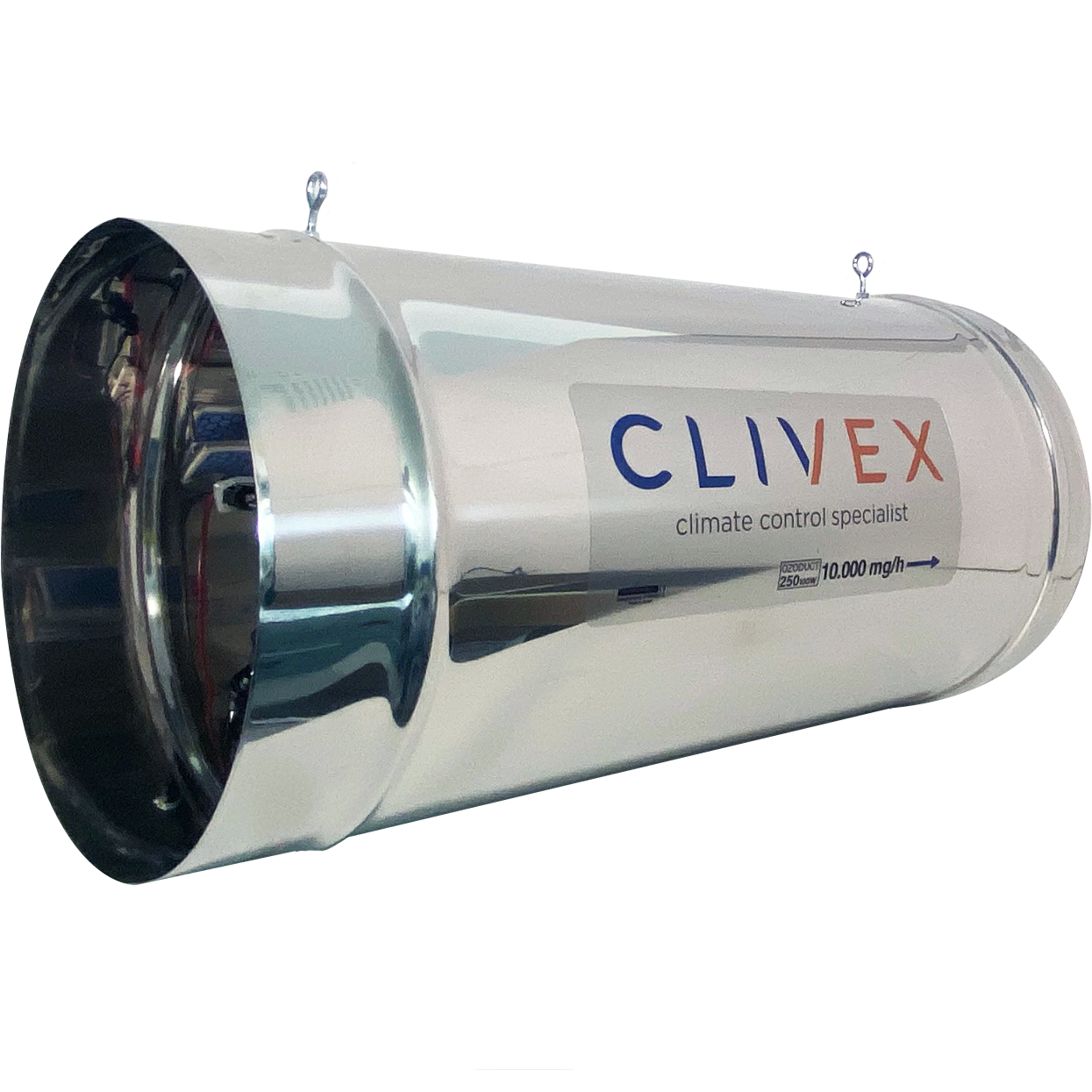 Clivex Ozoduct 250mm (10000mg/h) Dispositivo metálico cilíndrico prateado com logo CLIVEX e texto de especificação