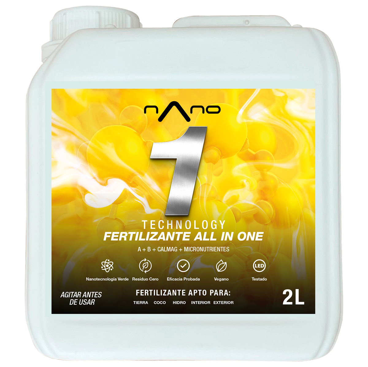 Nano 1 Fertilizante All in One para Crescimento e Pré-floração Recipiente de fertilizante líquido com rótulo amarelo e texto explicativo